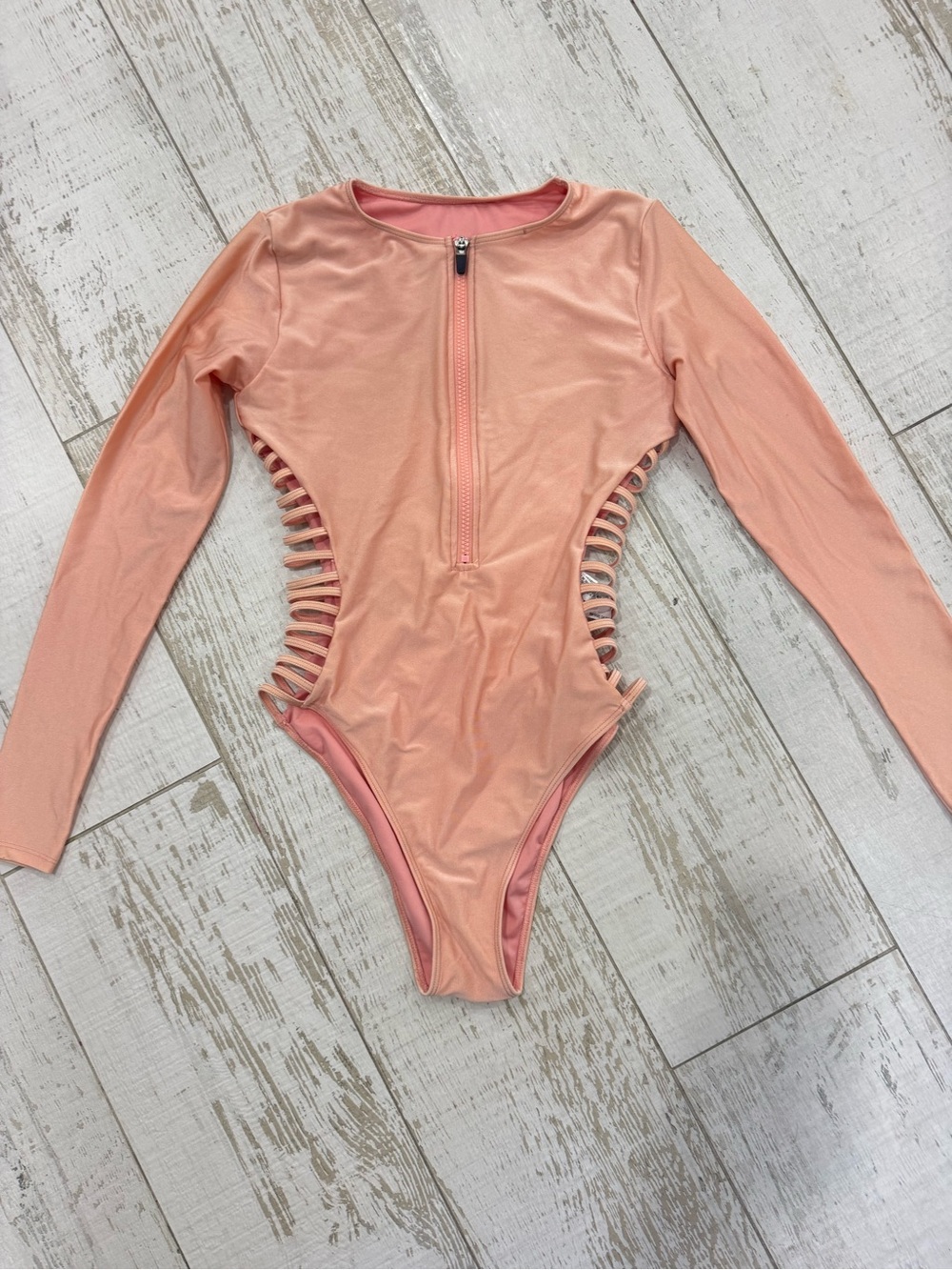 Forever 21 Peach Long-Sleeve Cutout One-Piece Swimsuit